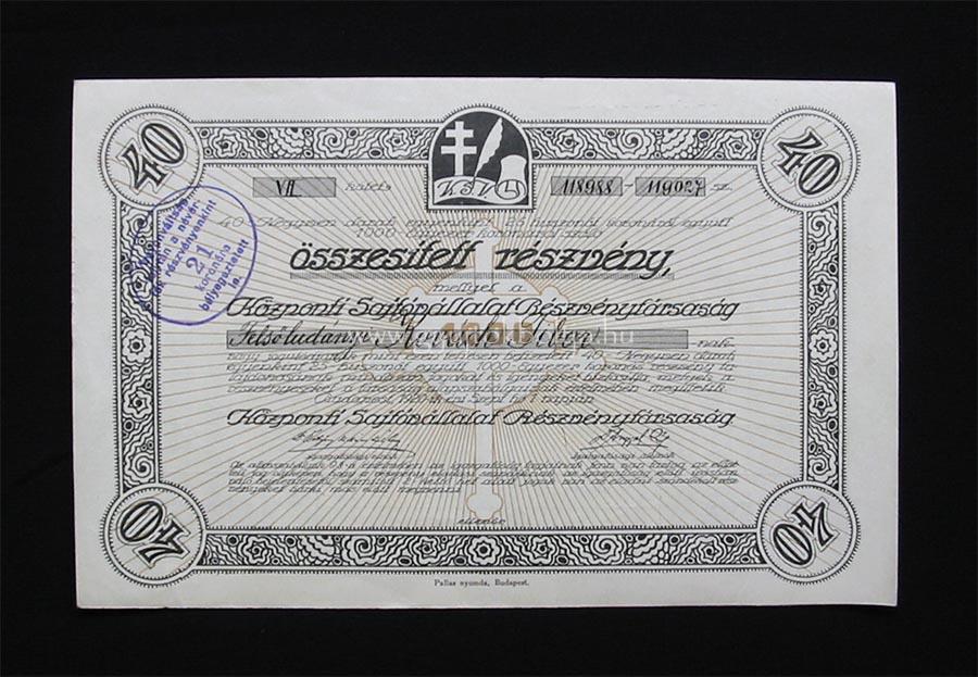 Központi Sajtóvállalat Részvénytársaság 40x25 korona 1920